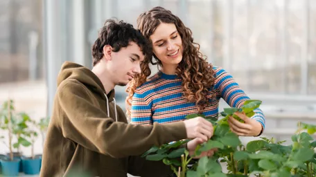 Agricultural students during an experiment in the greenhouse