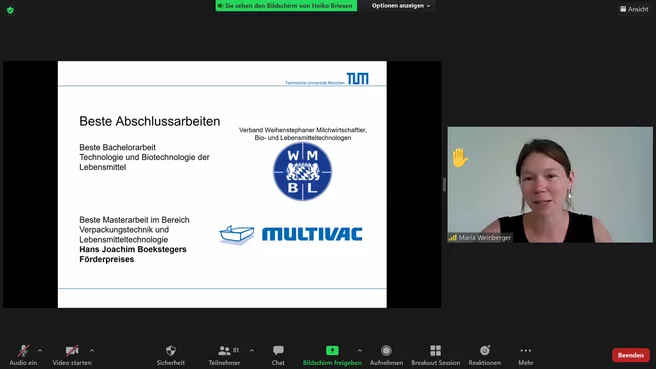 Screenshot der Preisverleihung durch Maria Weinberger vom Verband Weihenstaphaner Milchwirtschaftler