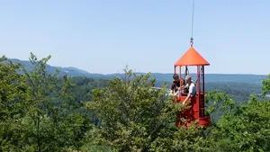 Forschende mit Gondel über den Baumkronen