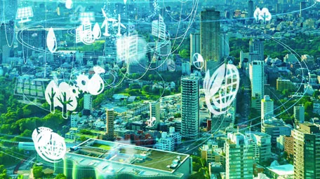 Futuristic city with circular food economy and packaging model