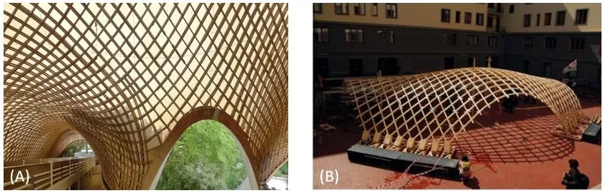 Figure 1: A) Mannheim Multihalle B) Toledo Timber gridshell in Naples[3], [4].