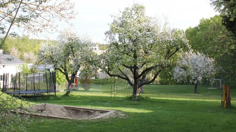 Weitläufiger Garten des TUM-Kinderhorts am Campus Weihenstephan mit Trampolin, Sandkasten und Schaukeln unter Bäumen.
