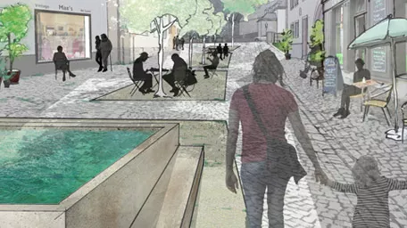 Drawing of people in an urban environment with concrete and natural elements like trees
