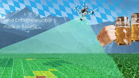 GründerInnen-Stammtisch: Food & Agtech Teaserbild mit Drohnen, Feldern und Bierkrügen